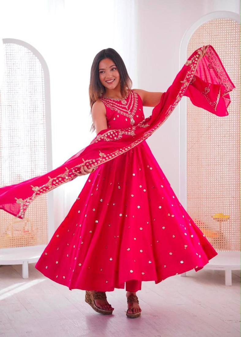 Pink silk blend embroidered anarkali set