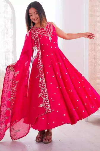 Pink silk blend embroidered anarkali set
