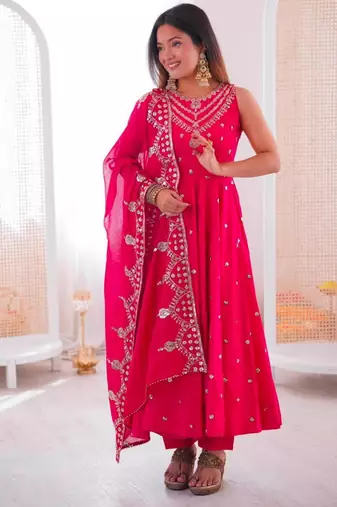 Pink silk blend embroidered anarkali set