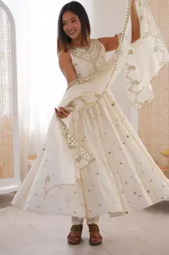Off white silk blend embroidered anarkali set