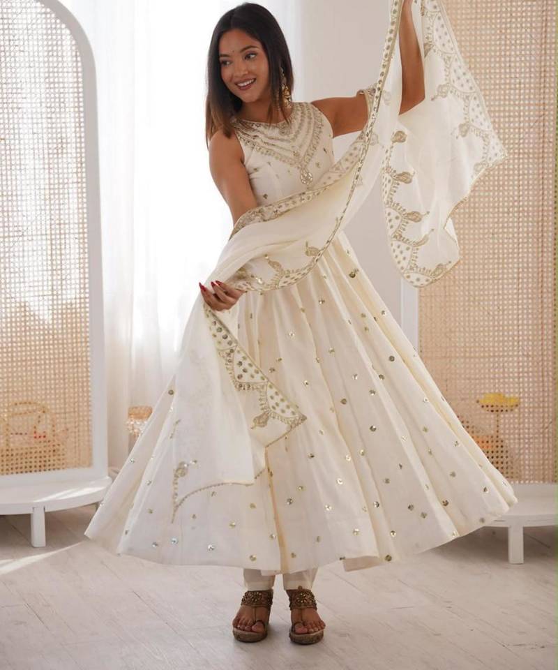 Off white silk blend embroidered anarkali set