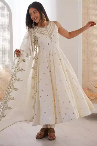 Off white silk blend embroidered anarkali set