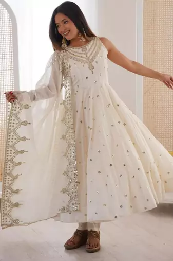 Off white silk blend embroidered anarkali set