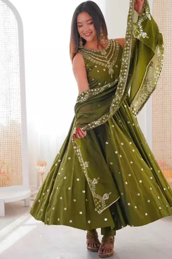 Dark green silk blend embroidered anarkali set