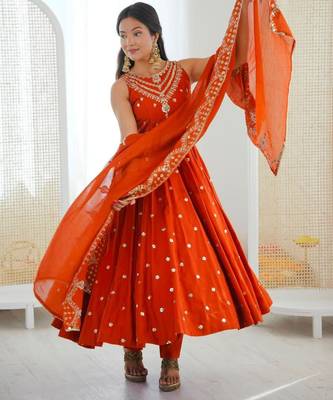 Orange silk blend embroidered anarkali set 1