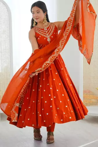Orange silk blend embroidered anarkali set