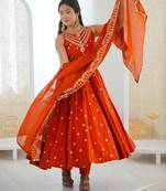 Orange silk blend embroidered anarkali set