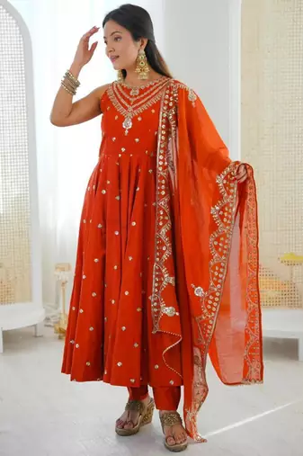 Orange silk blend embroidered anarkali set