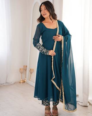 Teal blue georgette embroidered anarkali set 1