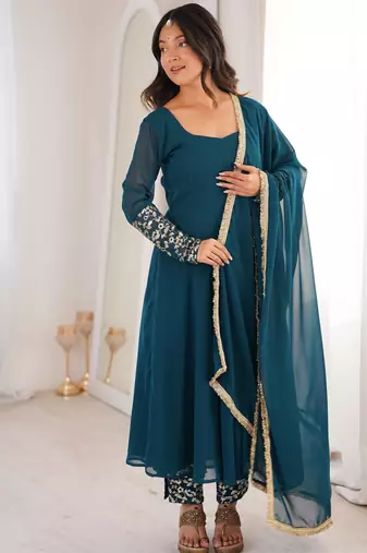 Teal blue georgette embroidered anarkali set