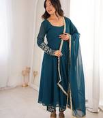 Teal blue georgette embroidered anarkali set