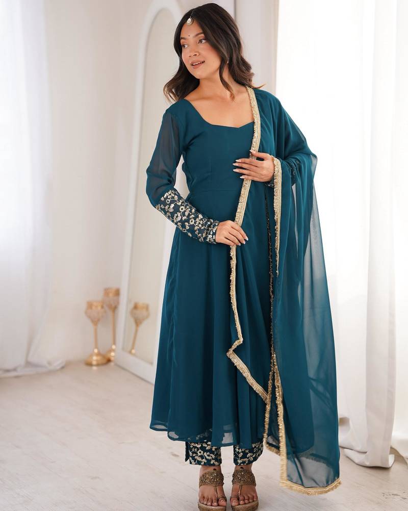 Teal blue georgette embroidered anarkali set