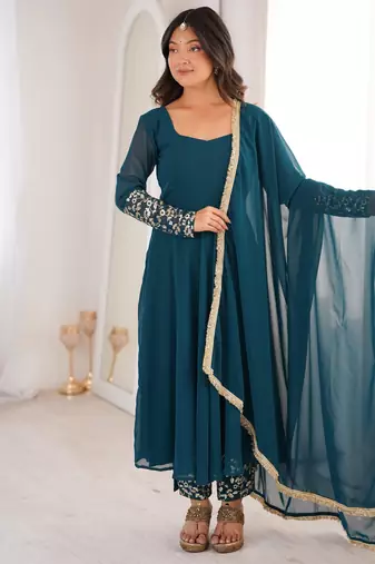 Teal blue georgette embroidered anarkali set