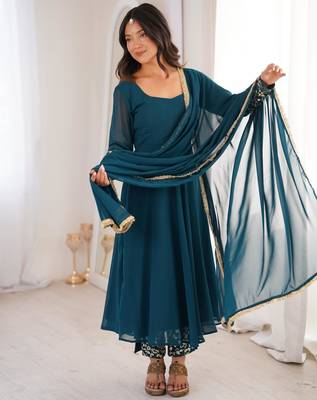 Teal blue georgette embroidered anarkali set 3