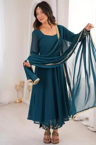 Teal blue georgette embroidered anarkali set