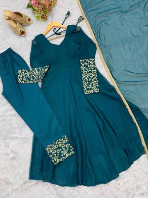 Teal blue georgette embroidered anarkali set 4