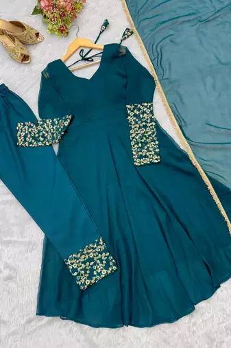 Teal blue georgette embroidered anarkali set