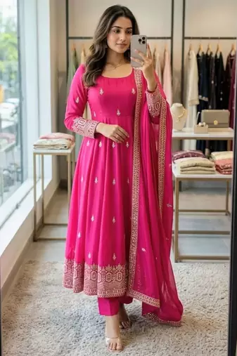 Magenta silk blend embroidered anarkali set