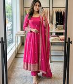 Magenta silk blend embroidered anarkali set