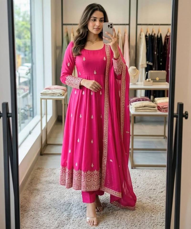 Magenta silk blend embroidered anarkali set