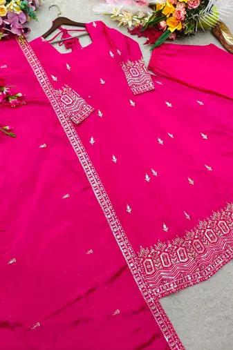 Magenta silk blend embroidered anarkali set