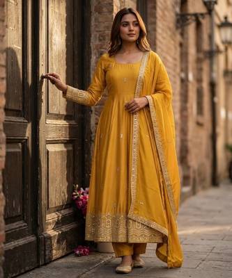 Yellow silk blend embroidered anarkali set 1