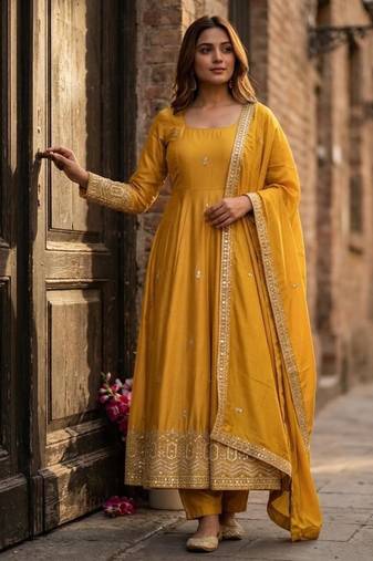 Yellow silk blend embroidered anarkali set