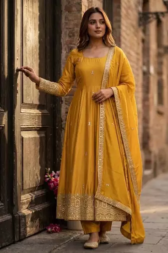 Yellow silk blend embroidered anarkali set