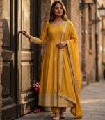 Yellow silk blend embroidered anarkali set