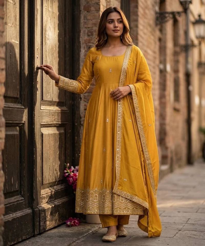Yellow silk blend embroidered anarkali set