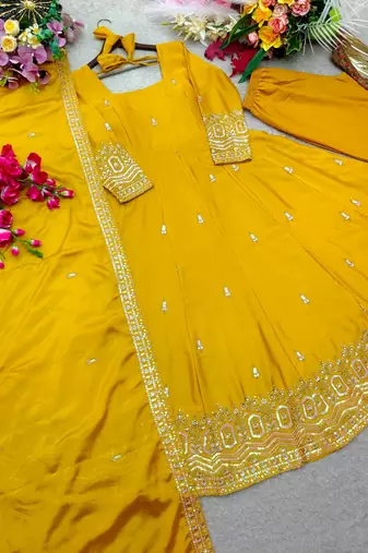 Yellow silk blend embroidered anarkali set
