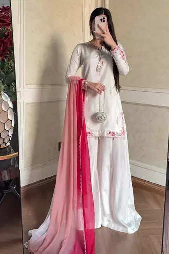White crepe embroidered palazzo set