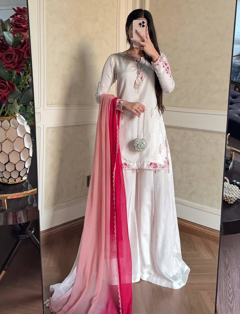 White crepe embroidered palazzo set