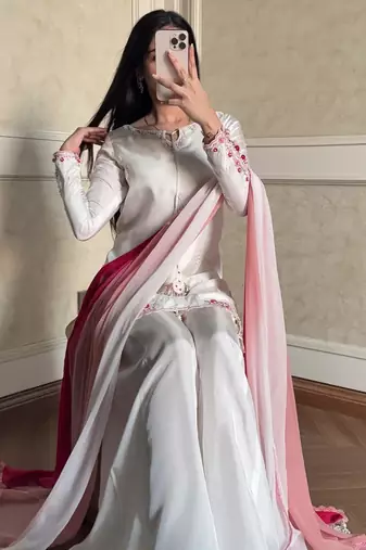 White crepe embroidered palazzo set