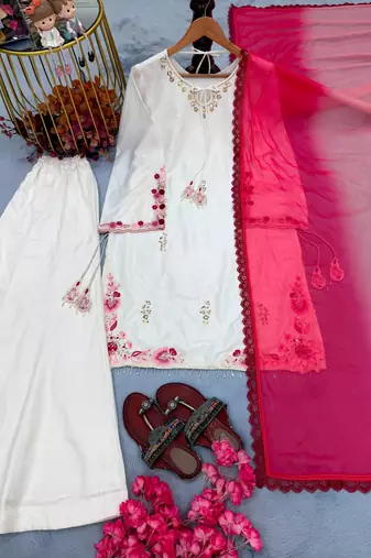 White crepe embroidered palazzo set