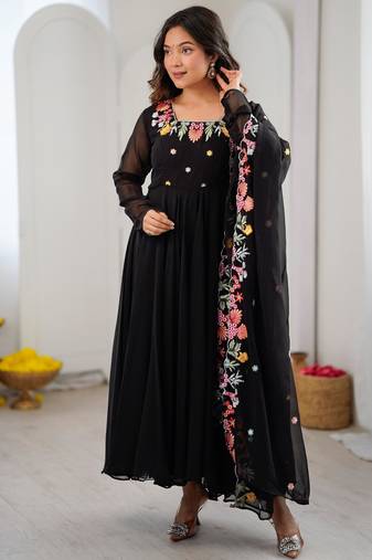 Black faux georgette embroidered kurta set