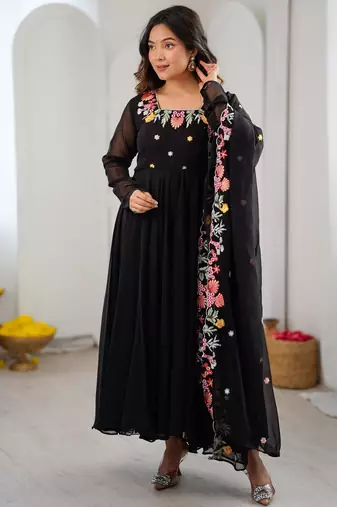 Black faux georgette embroidered kurta set