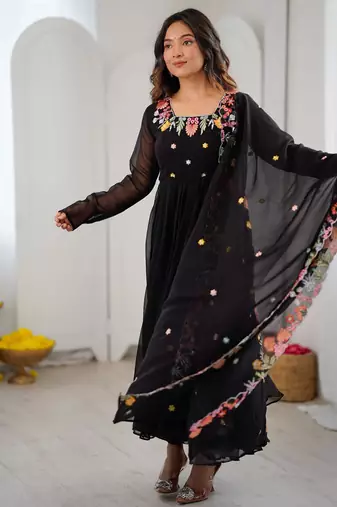 Black faux georgette embroidered kurta set