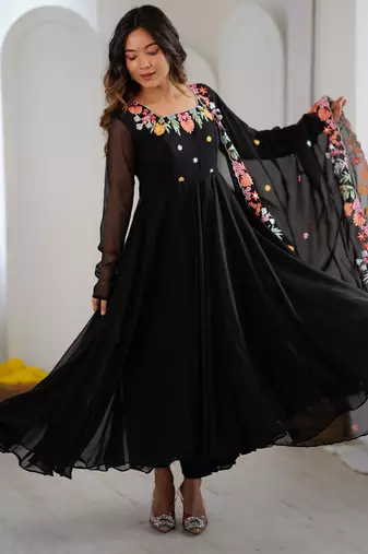 Black faux georgette embroidered kurta set