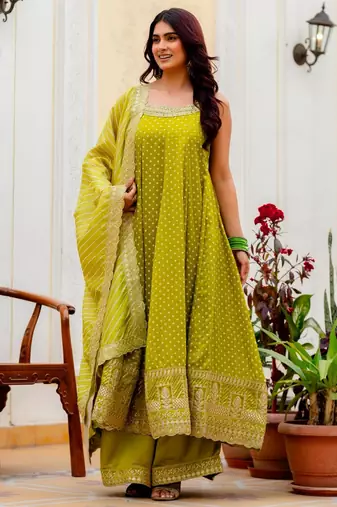 Green silk blend embroidered palazzo set