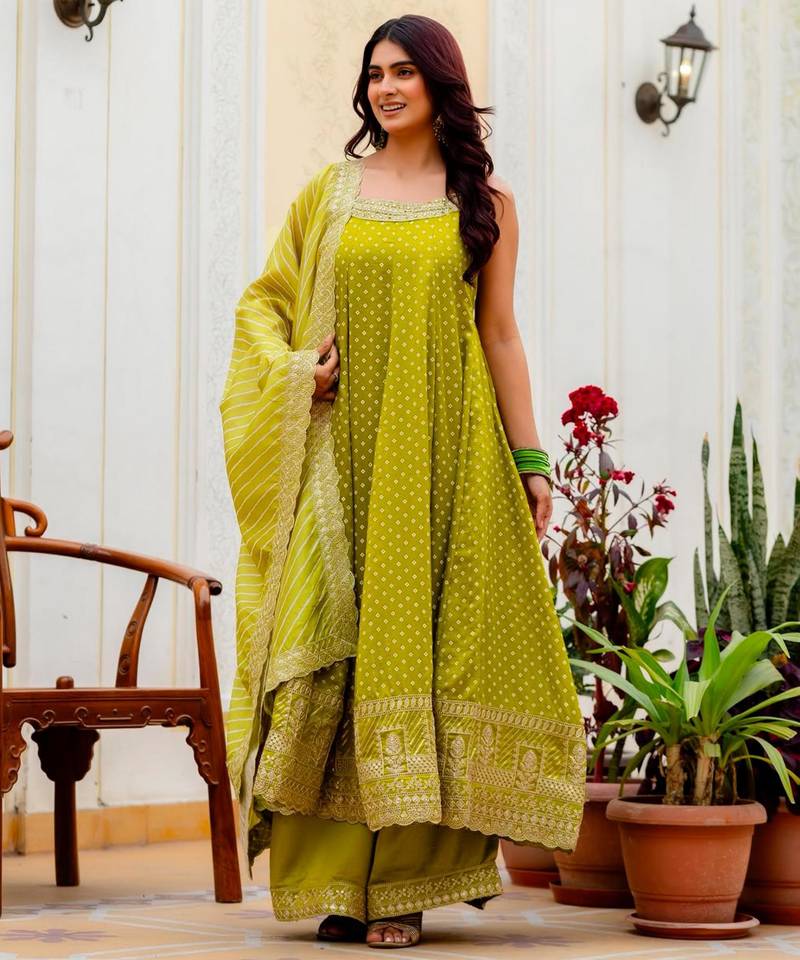 Green silk blend embroidered palazzo set