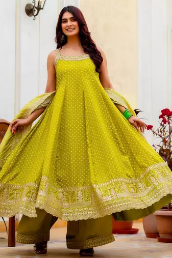 Green silk blend embroidered palazzo set