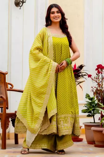 Green silk blend embroidered palazzo set