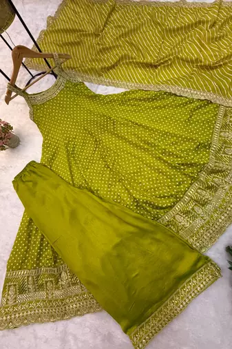 Green silk blend embroidered palazzo set