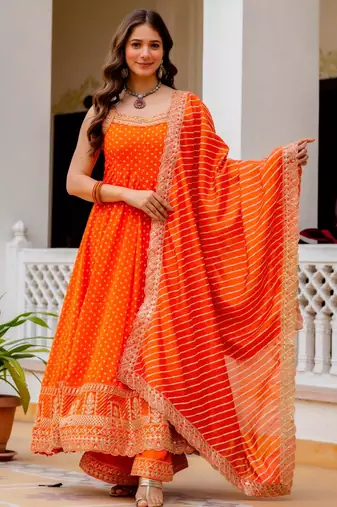 Orange silk blend embroidered palazzo set