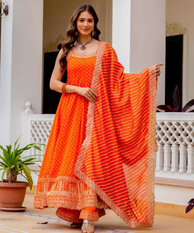 Orange silk blend embroidered palazzo set