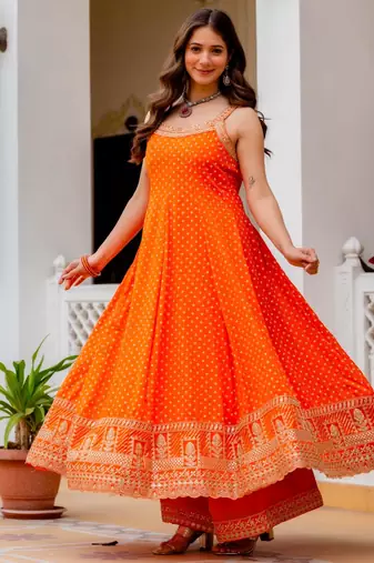 Orange silk blend embroidered palazzo set