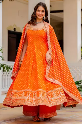 Orange silk blend embroidered palazzo set