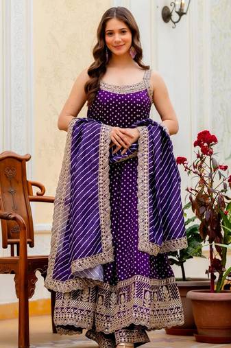 Purple silk blend embroidered palazzo set