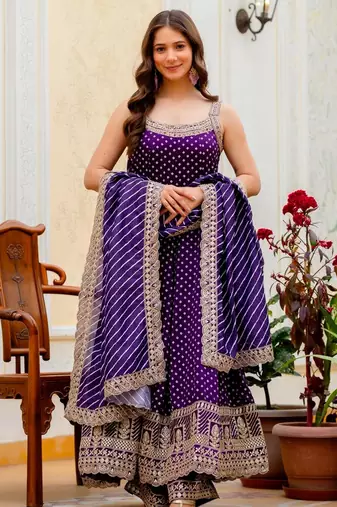 Purple silk blend embroidered palazzo set